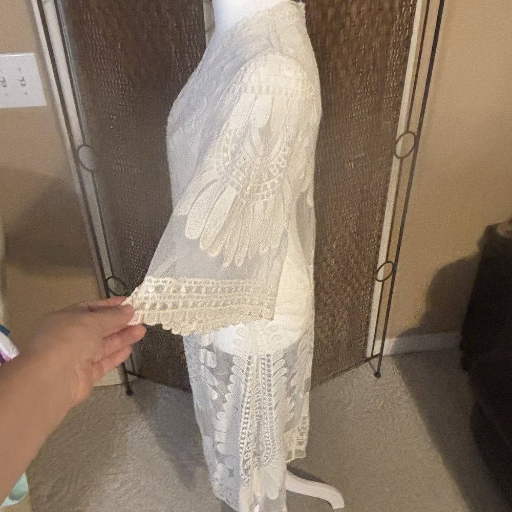 Rebellion Again Sz S Ivory Lace Sheer Kimono Duster Cardigan Boho Embroidered - Picture 3 of 12